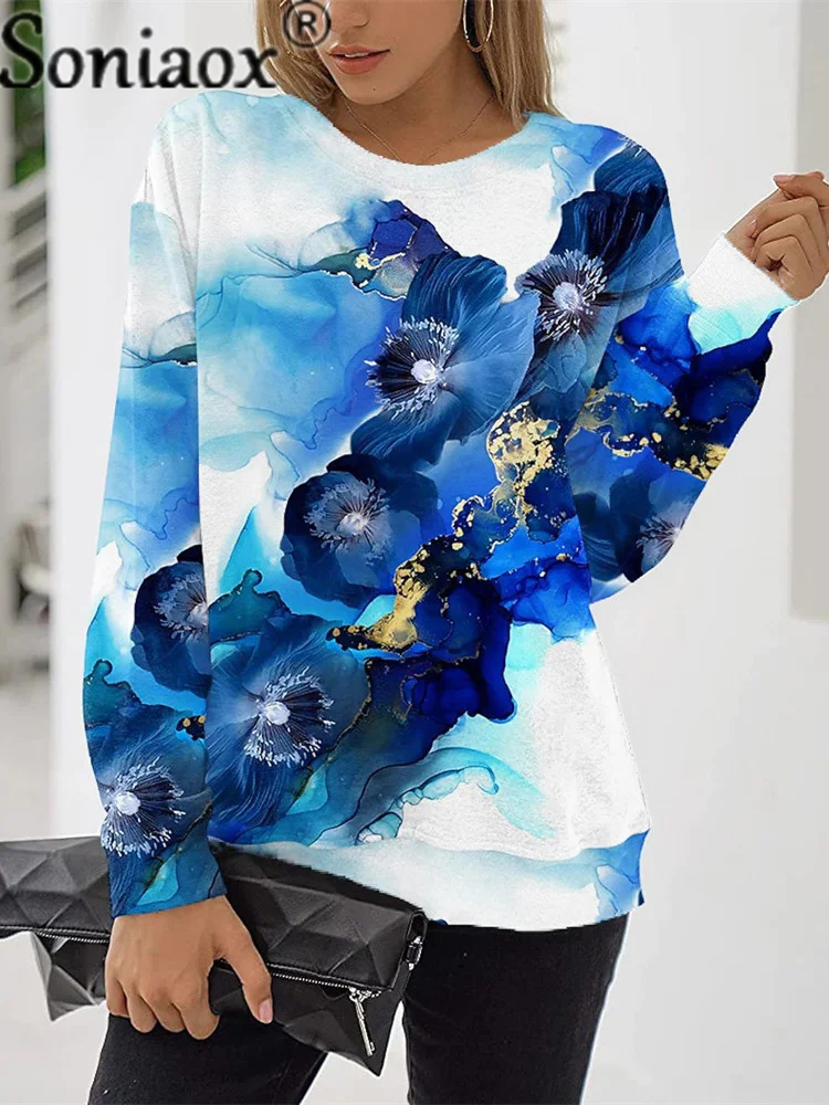 2021 Women Sweatshirts Vintage Flower Pattern Fashion Long Sleeve Print Round Collar Loose Blouse Tops Casual Autumn Streetwear