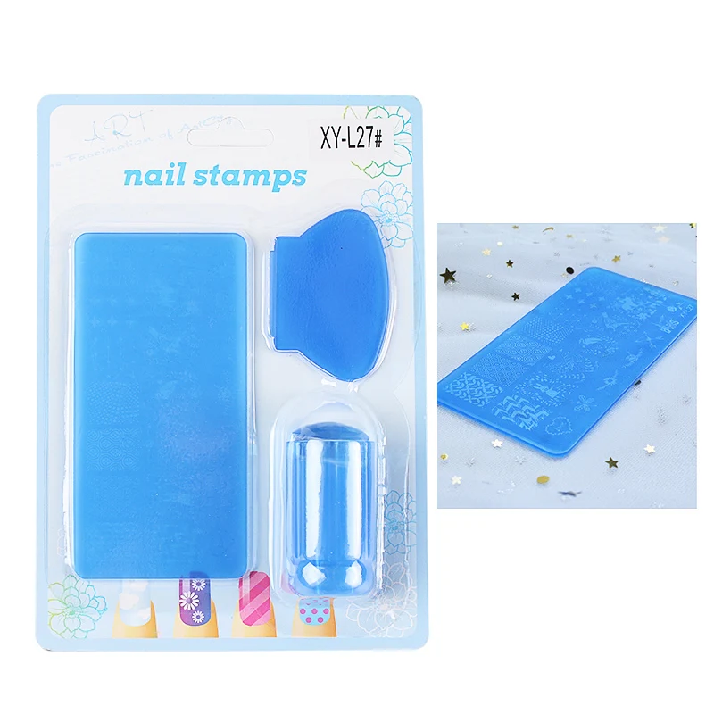 1 набор пластиковых пластин для ногтей изображение с цветочным узором с колпачком скребок силиконовые штампы трафареты для ногтей штамповки инструменты для дизайна ногтей - Цвет: Синий