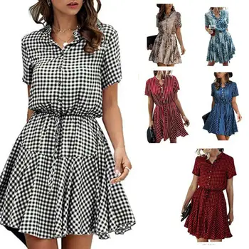 

2020 Women's Smock Dress Office Ladies Holiday Beach Casual Loose Tops Shirt Sundress Summer High Waist Big Swing Party Dresses