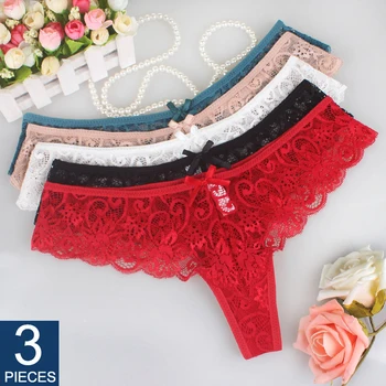 

Elovegirl 3 Piece/Set Sexy Lace Panties, Female Underwear, Thong, Women Floral Lace Lingerie, Breathable Low Waist Briefs