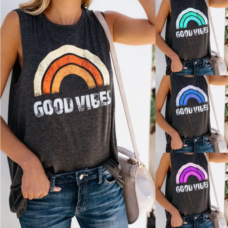 Женское платье с круглым вырезом принтом радуги и GOOD VIBES печати повседневный