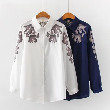 

2020 New Spring Korean Style Women Blouse Shirt Retro Embroidery Loose Blouse Casual Tops Turn Down Collar Female Blouse Clothes