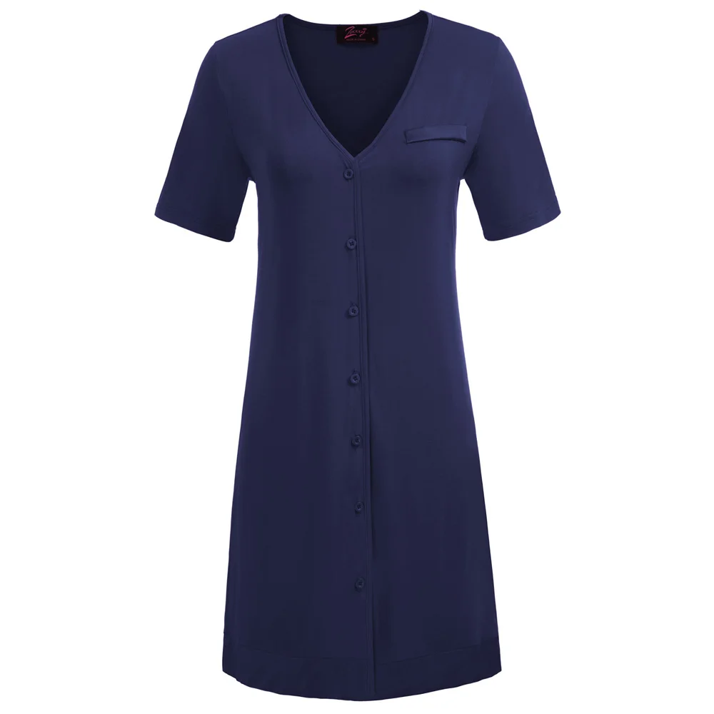 Navy Blue Zexxxy Женская Удобная мягкая Пижама Платье короткий рукав v-образный вырез на пуговицах Ночная Рубашка домашняя ночная рубашка женская одежда - Цвет: Navy Blue