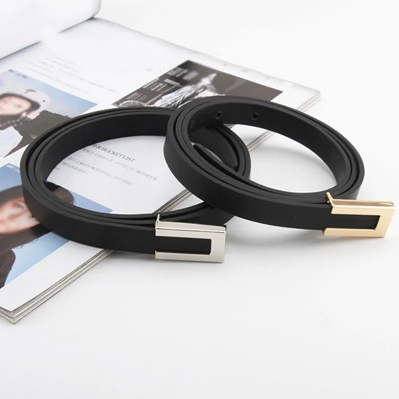 

Punk Leather Thin Belt For Women Personality Metal Buckle Waist Strap Luxury Designer Ladies Trouser Dress Decoration Waistband