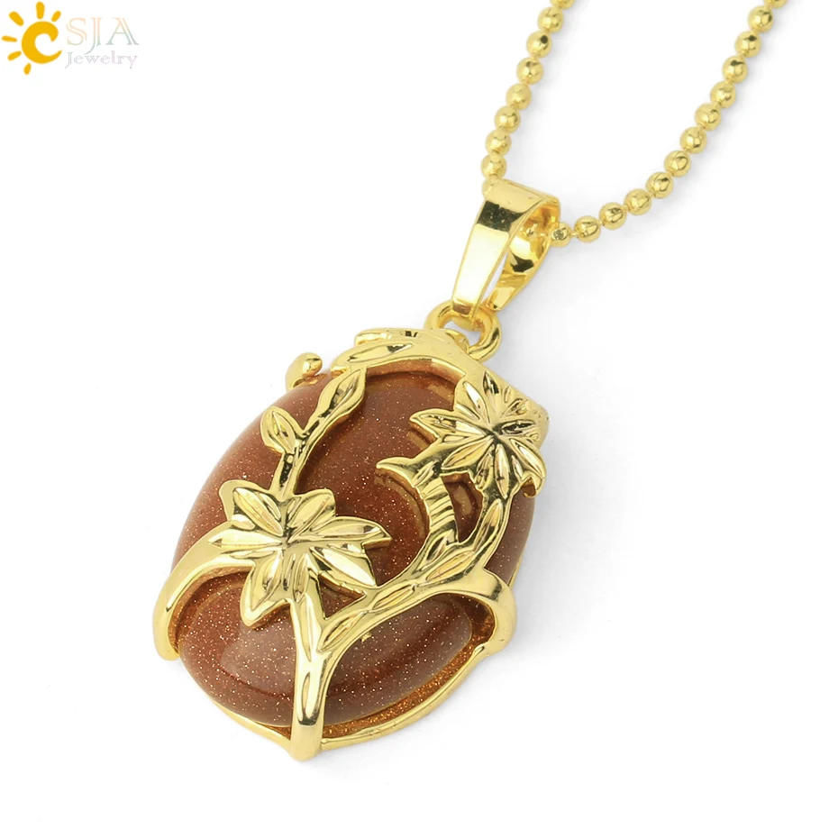CSJA натуральный камень овальный кулон ожерелье золотой цвет жизни Цветок Рейки Кристалл кварц Lapis для женщин мужчин трендовые ювелирные изделия G333 - Окраска металла: Brown Sand