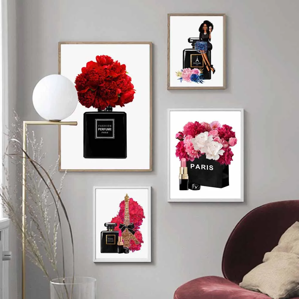 

Fashion Perfume Paris Tower Flower Lipstick Wall Art Canvas Painting Nordic Posters and Prints Wall Picture for Living Room Deco