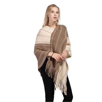 

Women Elegant Patchwork Knit Poncho Vintage Tassel Winter Warm Shawl Wrap V-Neck Pullover Cloak Ladies Scarf Fashion Pashminas