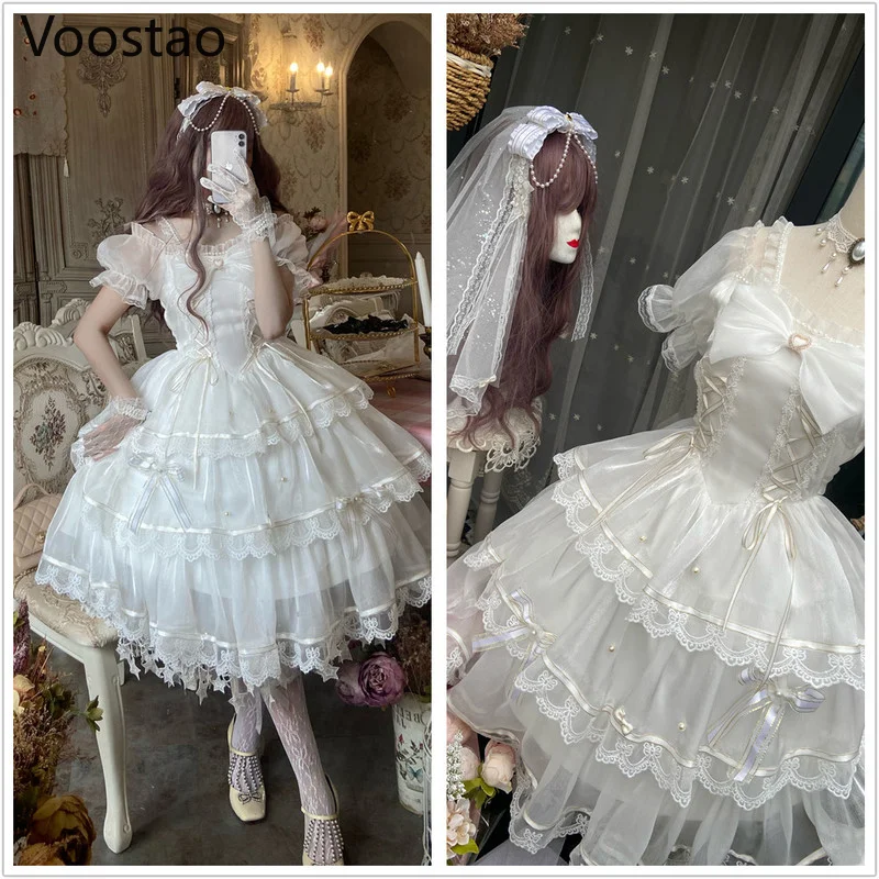 Sweet Lolita Princess Dress Women Cute White Bowknot Lace Ruffles Flowers Wedding Dresses Girly Kawaii Tulle Party Fairy Dress Lolita Dress Lolita Suspender Dress Lolita Cosplay Costumes Suspender Dress