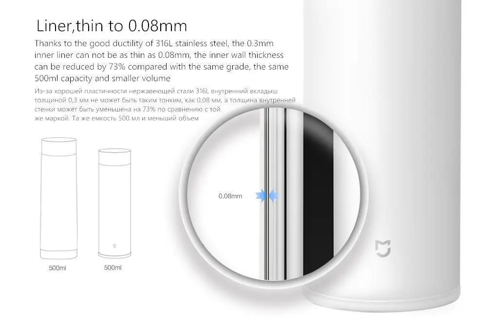 Термос Xiaomi Mijia, 500 мл, Термокружка, термос с теплоизоляцией для воды, 316L, нержавеющая сталь, 12 часов, сохраняет тепло/холода