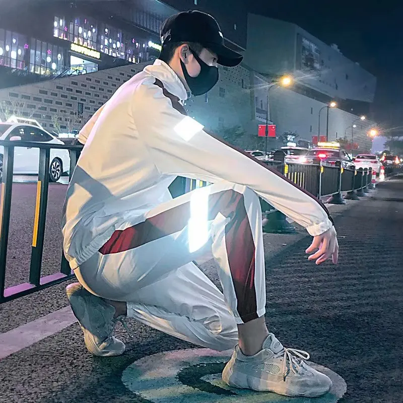 

INS Super Fire Sports Reflective Set Men Couples Jacket Spring And Autumn Coat Trend Hip Hop Loose-Fit Two-Piece Set