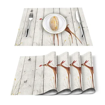 

Vintage Wood Cartoon Deer Placemat Washable Cotton Linen Table Cloth Pad Mat Rectangle Placemats Heat Resistant