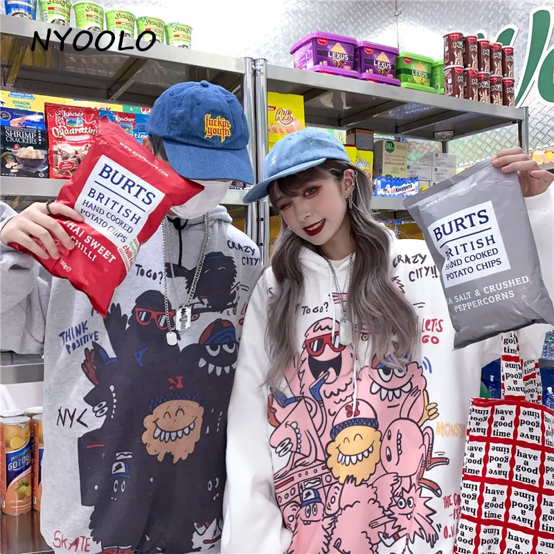 NYOOLO Harajuku уличная мультяшная граффити Печать толстые теплые худи Осень Зима Свободный пуловер с капюшоном флисовая Толстовка для женщин и мужчин