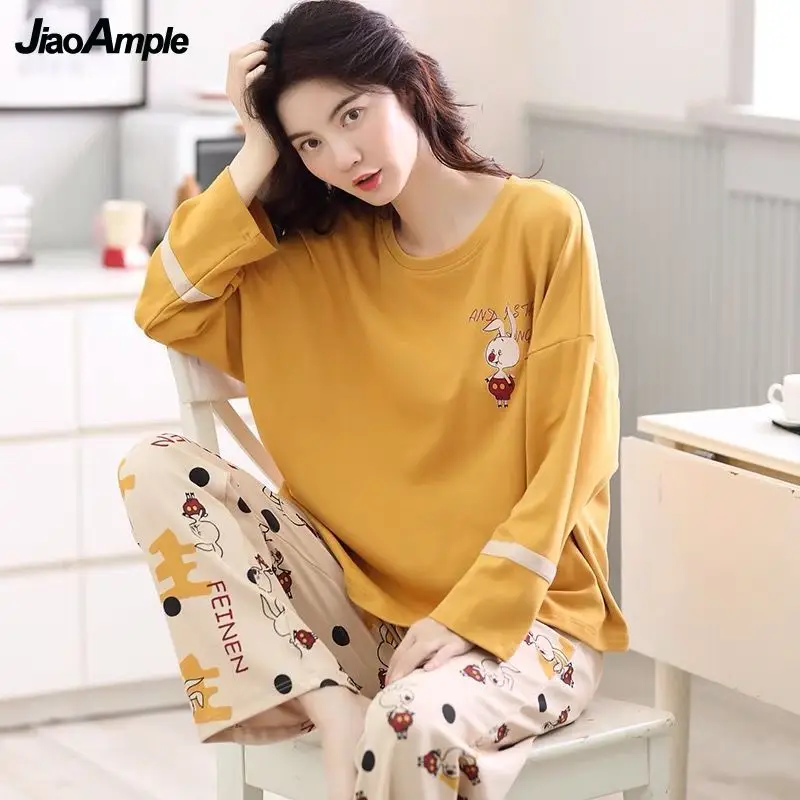 2022 Spring Autumn Casual Sleepwear women's Cotton Pajamas  Suit Female Long-sleeved Trousers Nightie Pijamas Two Piece Set