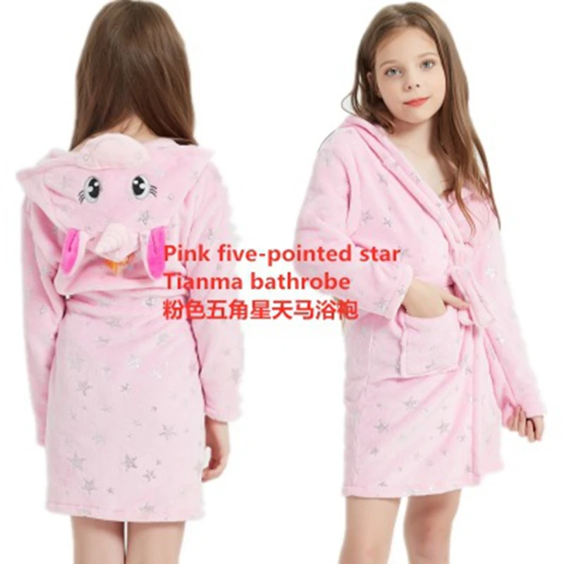 Winter Autumn Children's Flannel Baby Bathrobe Long Sleeve Hooded Kids Sleepwear Boys Girls Nightgowns Unicorn Sleep Robe 3-11Y