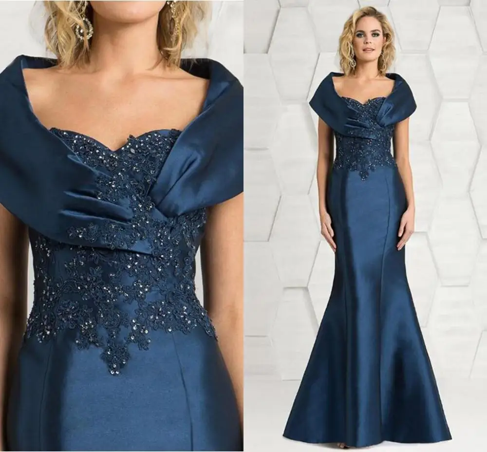 

2021 New Elegant Mermaid Navy Lace Applique Cap Sleeve Evening Dresses Long Formal Dress Satin Prom Party Gowns Vestidos
