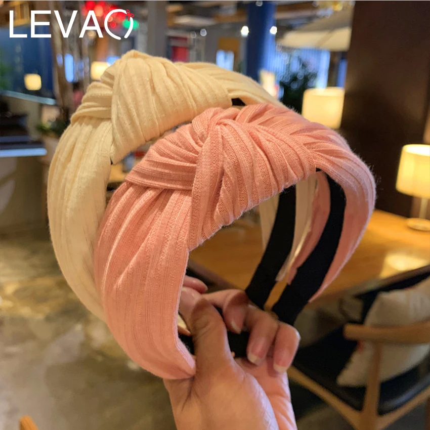 LEVAO, одноцветные вязанные повязки для волос с перекрестными узелками, головной убор с широкими краями, пластиковый обруч для волос, ободок для девочек, аксессуары для волос