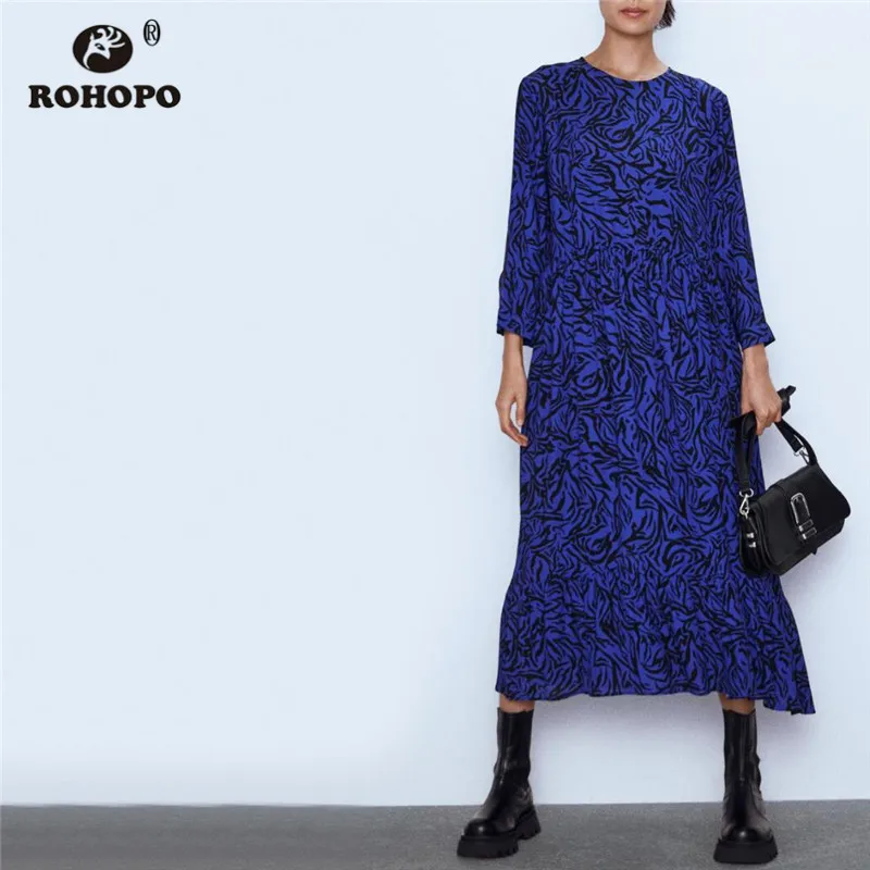 ROHOPO синее платье миди с круглым воротником принтом рюшами Vestido застежкой на шее
