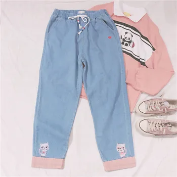 

2019 Autumn New Japanese Harajuku kawaii Wild loose high waist Cat Embroidery jeans women Small Fresh Mori Girl Pants Korean