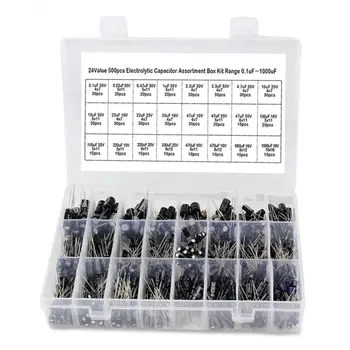 

500Pcs 0.1UF-1000UF 24 Values Aluminum Electrolytic Capacitors 16-50V Mix Electrolytic Capacitor Assorted Kit with Box