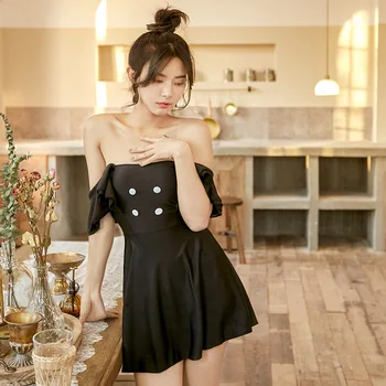 

Swimsuit Monokini One Piece Swim Suit Female Separate May Beach Woman Ins Ruffled Cuff Learn High Waist Sexy Backless Solid