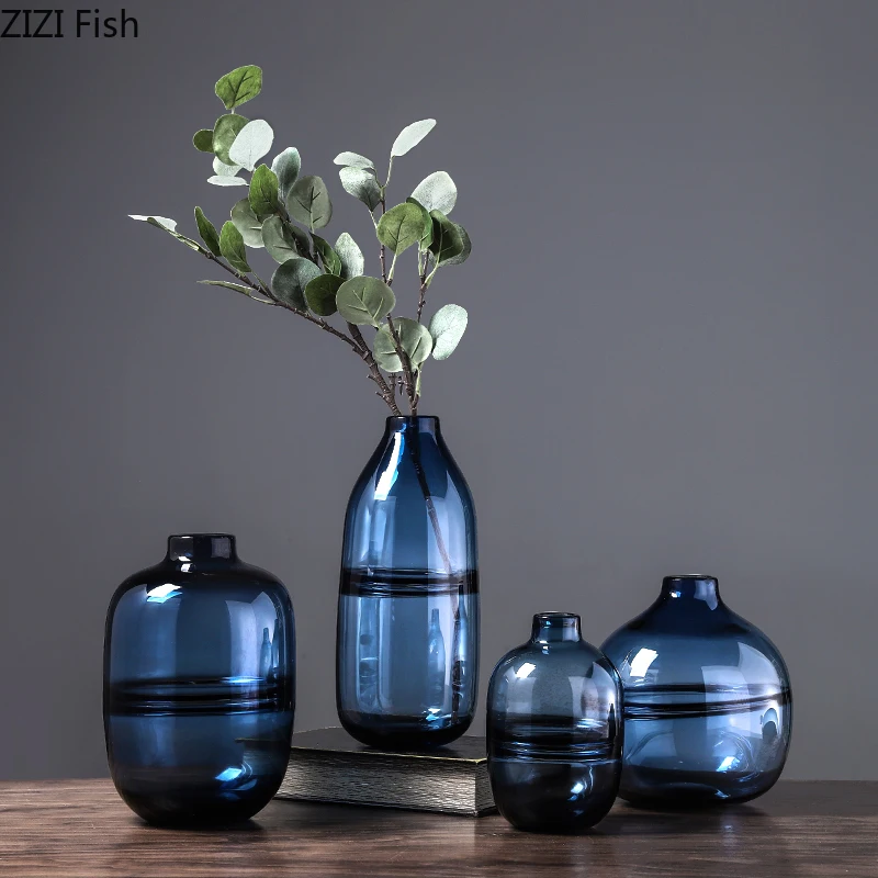 Современный минималистичный стеклянная ваза для дома гостиной нордический цветок ресторанный композиция синий прозрачный цветок украшения