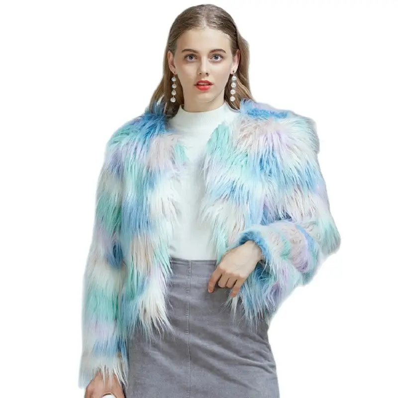 

New Fashion High Imitation fur Blue Faux Fur Coat short Autumn &Winter Clothes Women Plush cardigan Coat