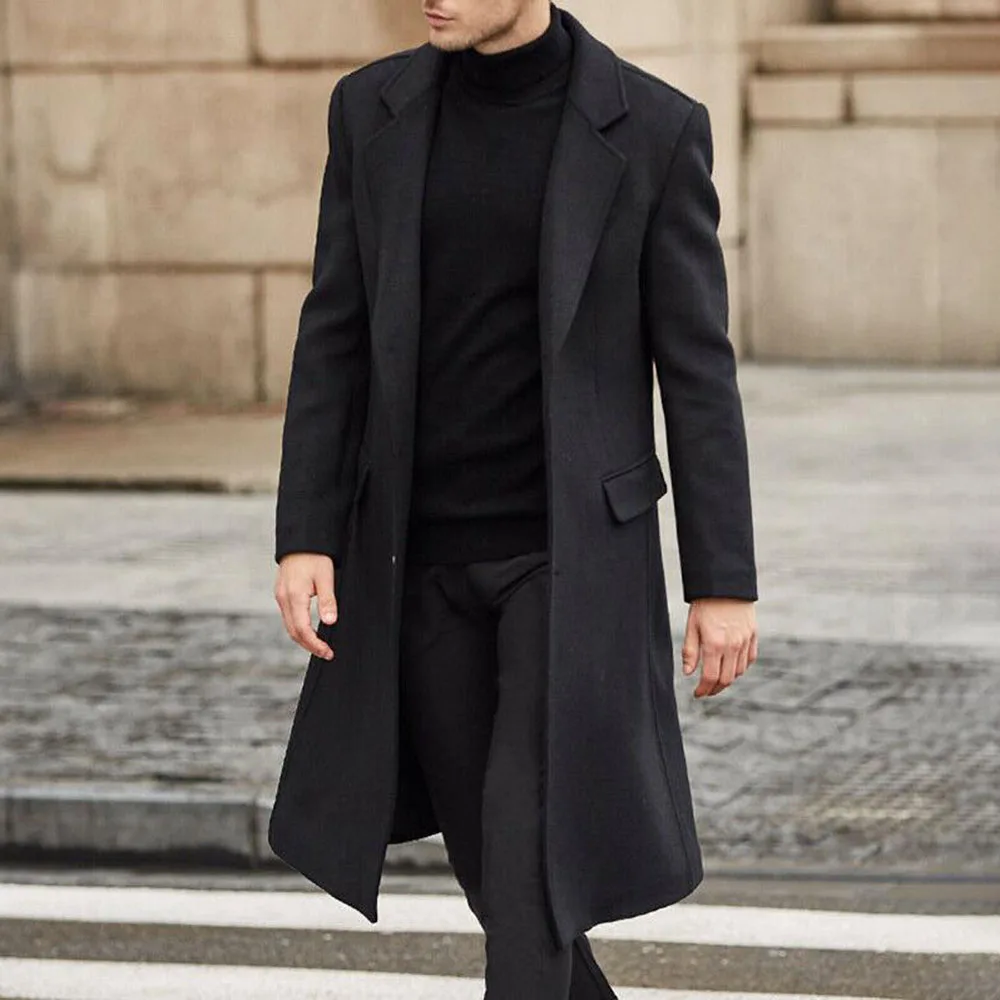 Deals Men Fashion Wool Blends Spring Office Solid Cuasl Blazer Winter Coat Outwear Slim Long Overcoat Plus Size 2XL Black/Gray