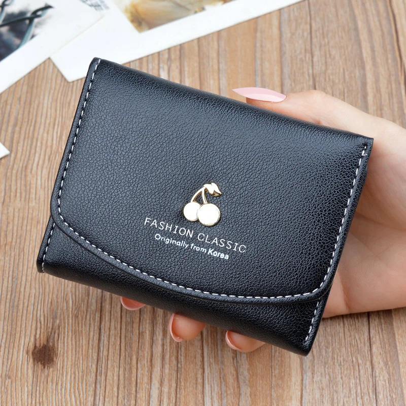

Women's Wallet Women's Short Tri-fold Bag Cover Type Wallet Japanese Korean New Style Cherry Multi-functional Folding Leather Wa