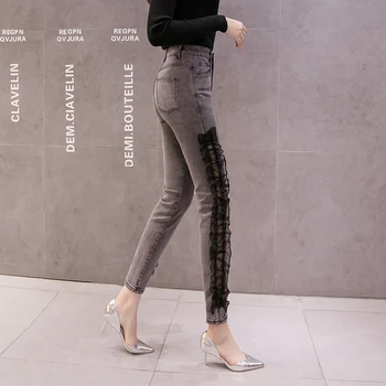 

Retro Jeans Womens Mesh Patchwork Female Plus Size Pants Denim High Waist Skinny Long Trouser Ladies Slim Black Pant Winter Fall