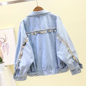 

2020 New Heavy Metal Sequins Tasseled Jeans Jacket with Long Sleeves Women Short Jacket for Spring Fall Vintage Denim Coats Coat