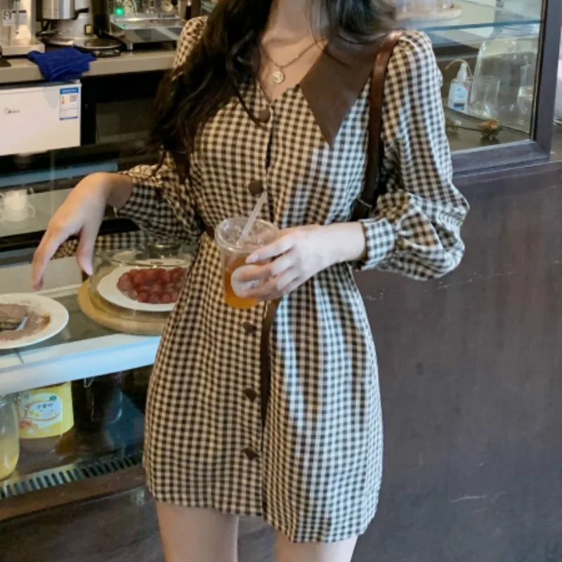 

Vintage Plaid Dress Women Elegant Single Breated A-Line Mini Dresses with Belt Autumn Lantern Sleeve England Style Clothes Lady