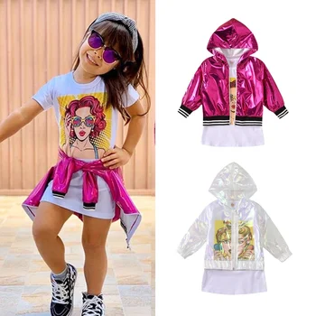 

18M-8Y Toddler Infant Kids Baby Girl Fashion Outfits Print Short Sleeve Tops Long Shirt Dress Laser Hooded Coat 2Pcs Set Clothes