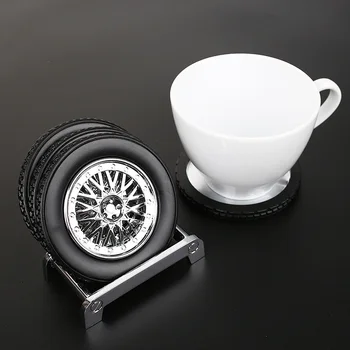 

JDM Rubber Tire Wheel Rim Shaped Round Tyre Non-Slip Heat Insulation Kitchen Table Office Coaster Cup Pad Mat(4coasters+1 Shelf)