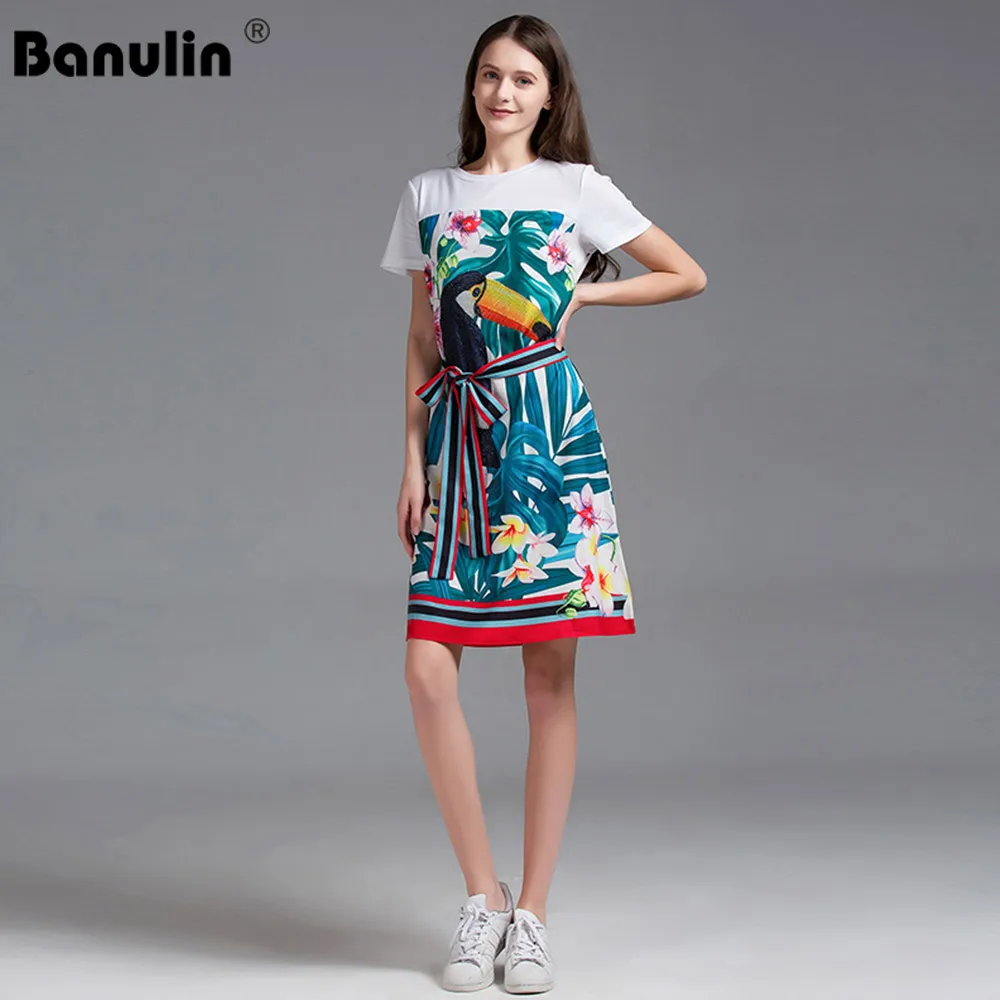 

Banulin 2020 Elegant Summer Dress Fashion Runway Women Shirt Patchwork Bow Sashes Floral Print Crystal Ladies Mini Dresses