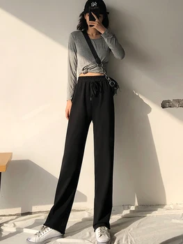 

College style spring and autumn knitted large size loose black straight drape wide leg pants ladies
