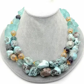 

19" 2 Rows Freeform Natural Larimar Blue Quartz Rough Necklace