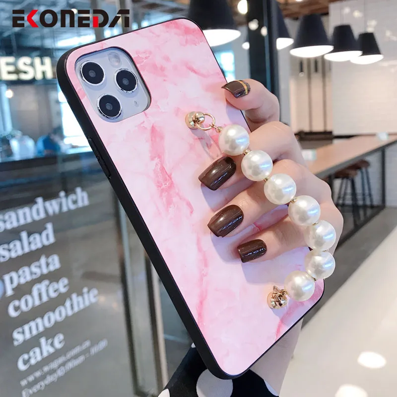 

EKONEDA Luxury Pearl Bracelet Case For iPhone 11 Pro XS Max X XR Case For iPhone 7 6 6S 8 Plus Marble Wrist Strap Case Cover