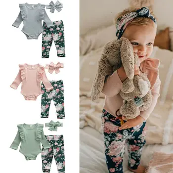 

Autumn New Baby Girl Sets Clothes Outfit Solid Long Short Romper Bodysuit Floral Pants kit Top Dropshipping roupa infantil