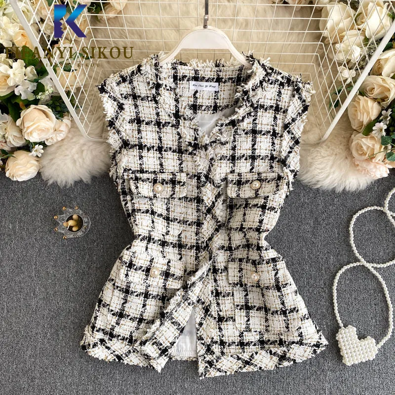 2020 Autumn Winter Women Plaid Vest Tweed Warm Sleeveless Jacket Fashion Pocket V-Neck Coat Lady Loose Vests | Женская одежда