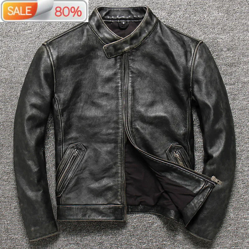 

Vintage Genuine Men Short Spring Autumn Mens Real Cow Leather Jacket Stand Collar Motorcycle Cowhide Slim