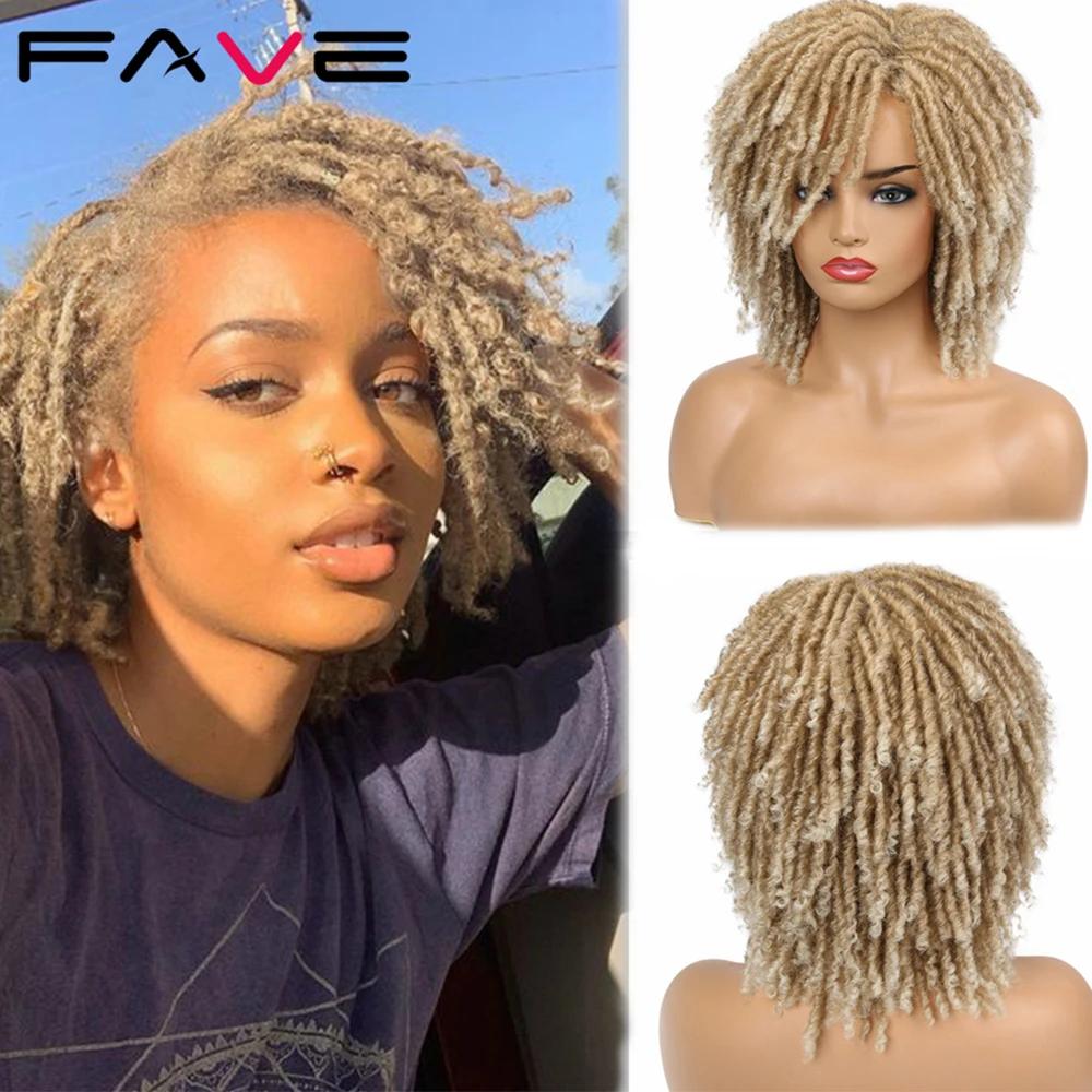 FAVE Dreadlock Curly Faux Locs Wig Short Twist Ombre Mixed Blonde Brown For...