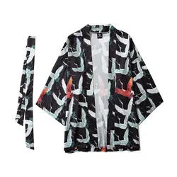 Летние мужские куртки типа кимоно с коротким рукавом японский Harajuku белый журавль Печатный мужской s Уличная Свободный кардиган верхняя