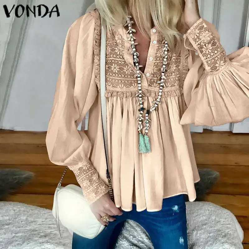 

VONDA 2020 Women Shirts Summer Sexy V Neck Long Lantern Sleeve Party Blouses Femme Solid Color Bohemian Blusas S-5XL Tops