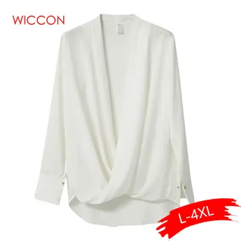 

Plus Size Sexy Neckline Cuff Blouse 4XL 3XL Deep V Neck Cross Pleated White Blouse Shirts Work Wear Chiffon Tops Autumn