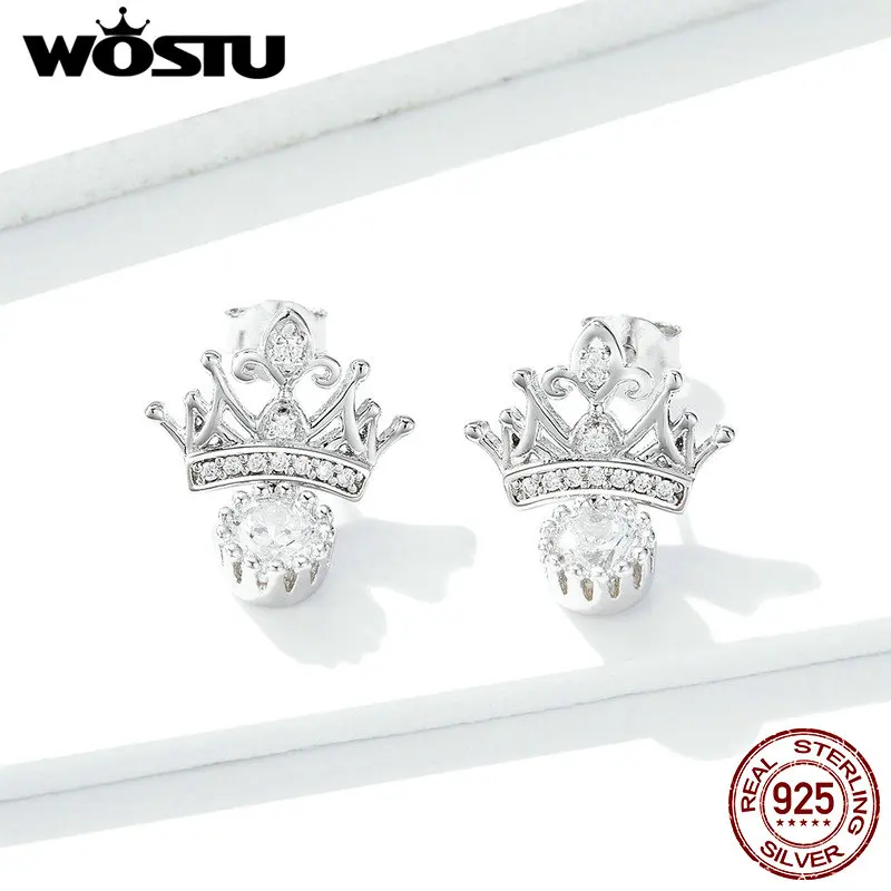 WOSTU 925 пробы серебряные серьги-гвоздики, блестящие циркониевые серьги в виде короны для женщин, свадебные ювелирные изделия в Корейском стиле BNE244
