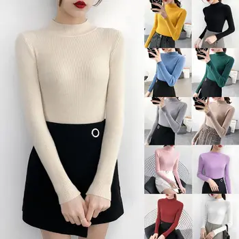 

Women Ribbed Knit Sweater Half High Neck Candy Color Slim Pullover Jumper Tops