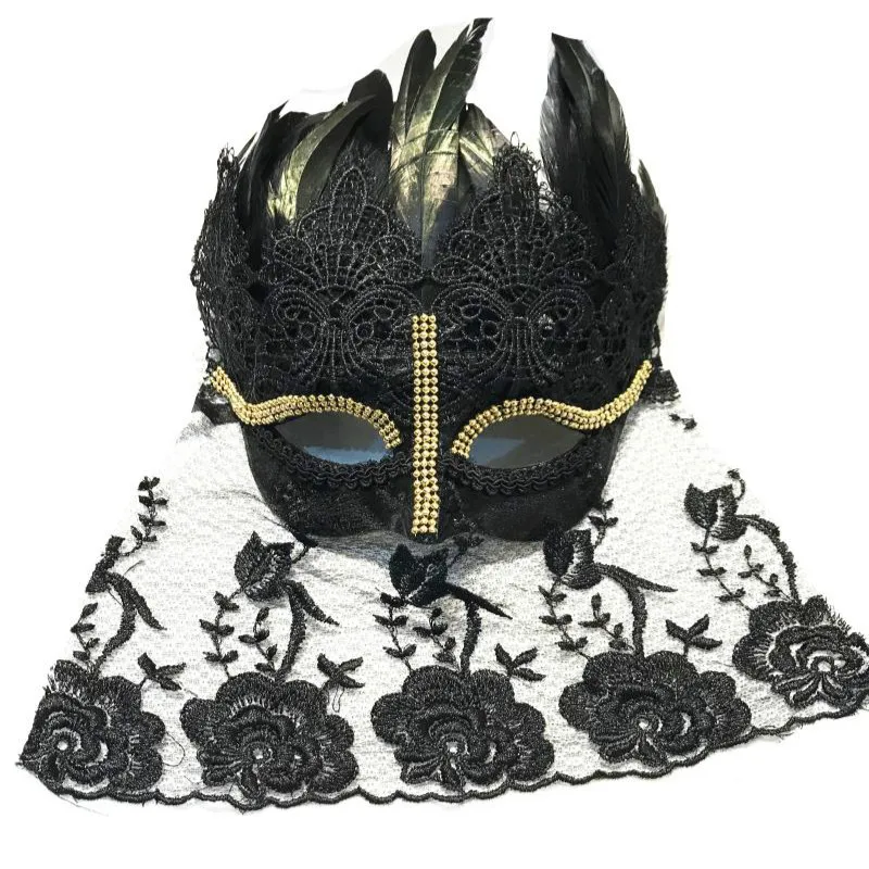 

H3325 Women Face Mask Venetian Costumes Carnival Black Feather Accessories Ladies Halloween Graduation Party Ball White Masks