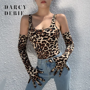 

2019 Leopard Printed Spaghetti Strap Fashion Women Bodysuit With Glove Sexy Bodycon Tank Top Female Playsuit Club Party Wear