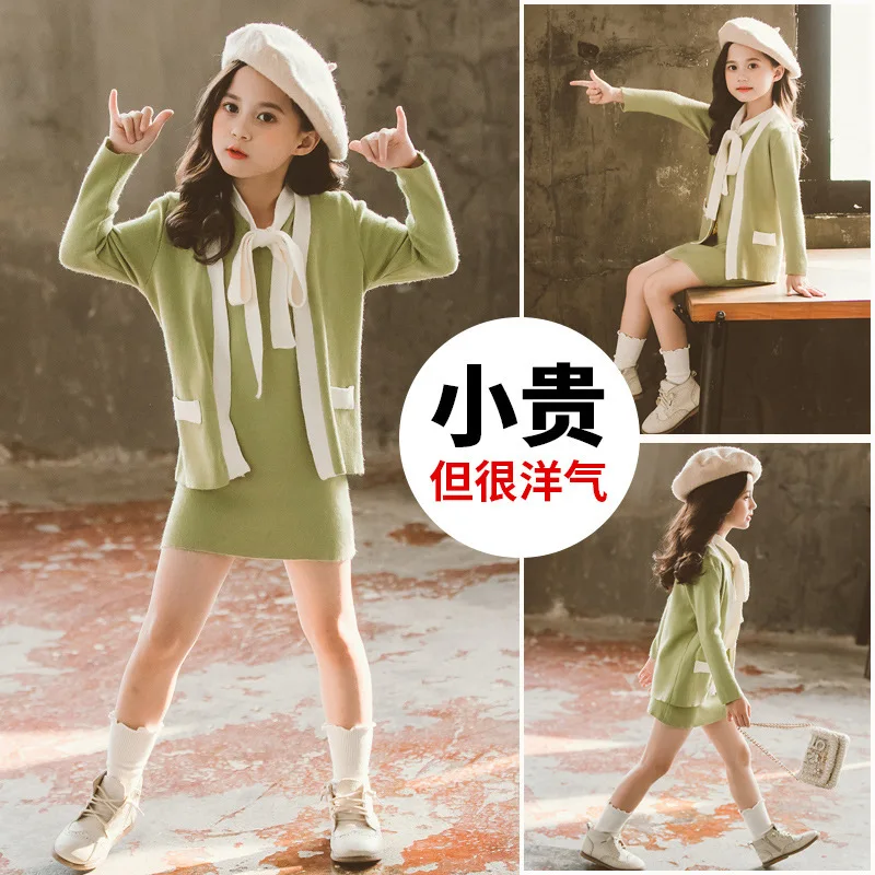 

2020 Korean-style Spring And Autumn Big Virgin Girls Little Girl Western Style Clothes Green Knitted Vest Cardigan Case