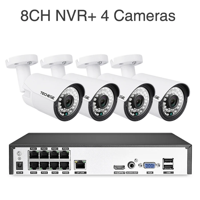 8CH NVR 4 Cameras Techege H.265 8CH 4MP Аудио CCTV камера системы наружного водонепроницаемого наблюдения NVR комплект PoE камеры безопасности комплект обнаружения движения - Цвет: 8CH NVR 4 Cameras